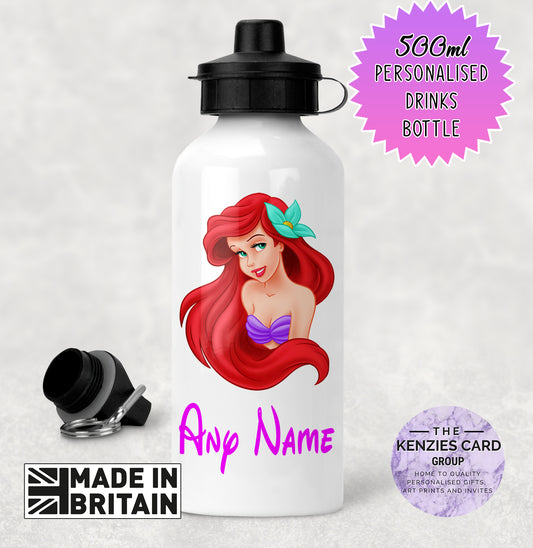 Personalised Disney Princess 500ml Metal Water Bottle - Little Meramaid Princess Ariel Edition