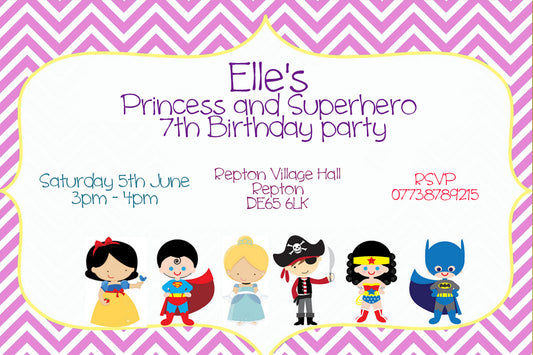 Personalised Superhero Birthday Party Invitations - Superhero And Princess Edition V3