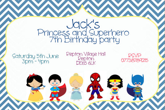 Personalised Superhero Birthday Party Invitations - Superhero And Princess Edition V1