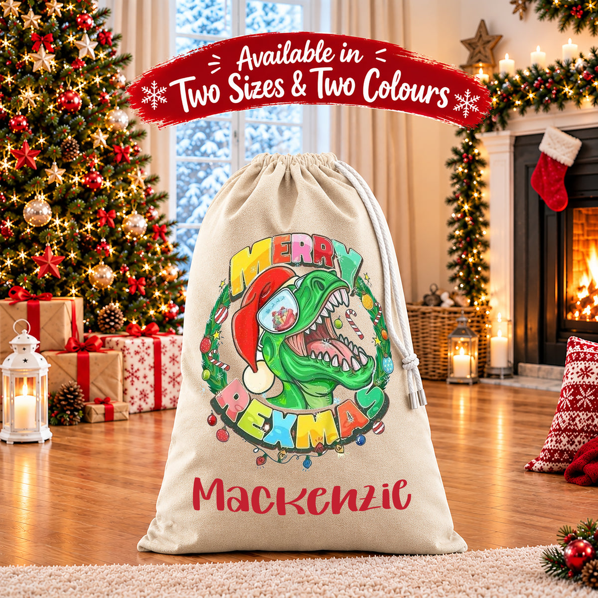 Personalised Christmas Santa Sack Gift Sack Gift Bag - Dinio Rex Edition V2
