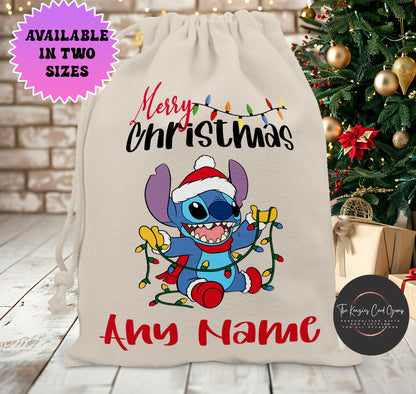 Personalised Disney Christmas Stock Gift Sack - Lilo and Stitch Stitch Tree Lights Edition