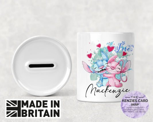 Personalised Stitch and Angel Watercolour Ceramic Money Box - Piggy Bank