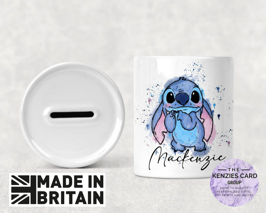 Personalised Stitch Watercolour Ceramic Money Box - Piggy Bank