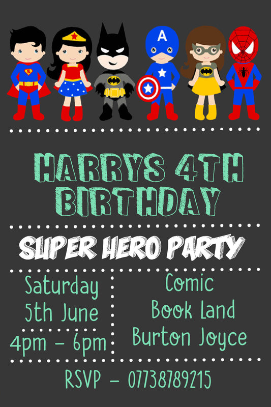Personalised Superhero Birthday Party Invitations - Super V1